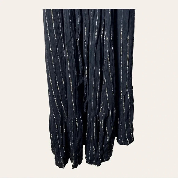 0408. MODCLOTH WRAP DRESS MAXI LENGTH BLACK WITH GOLD/SILVER IN COLOR STRIPES - Picture 15 of 15